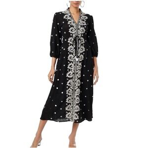 Free People Fable Midi Dress XS Black White Floral Embroidered 3/4 Sleeve Boho